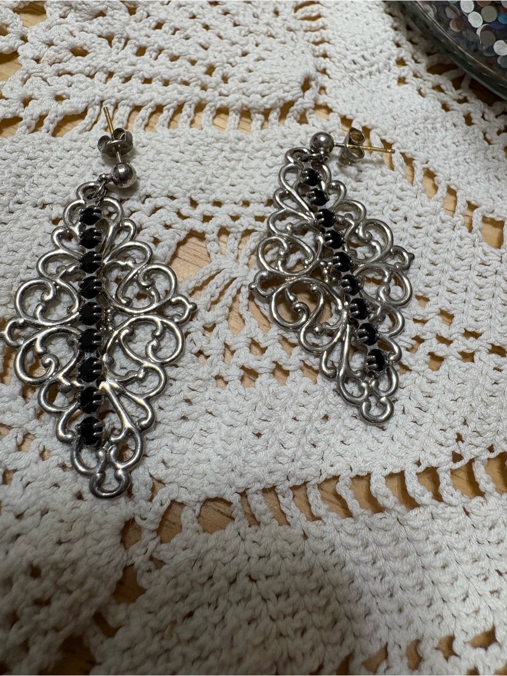 Silver Filigree Drop Earrings with Black Stone Accents